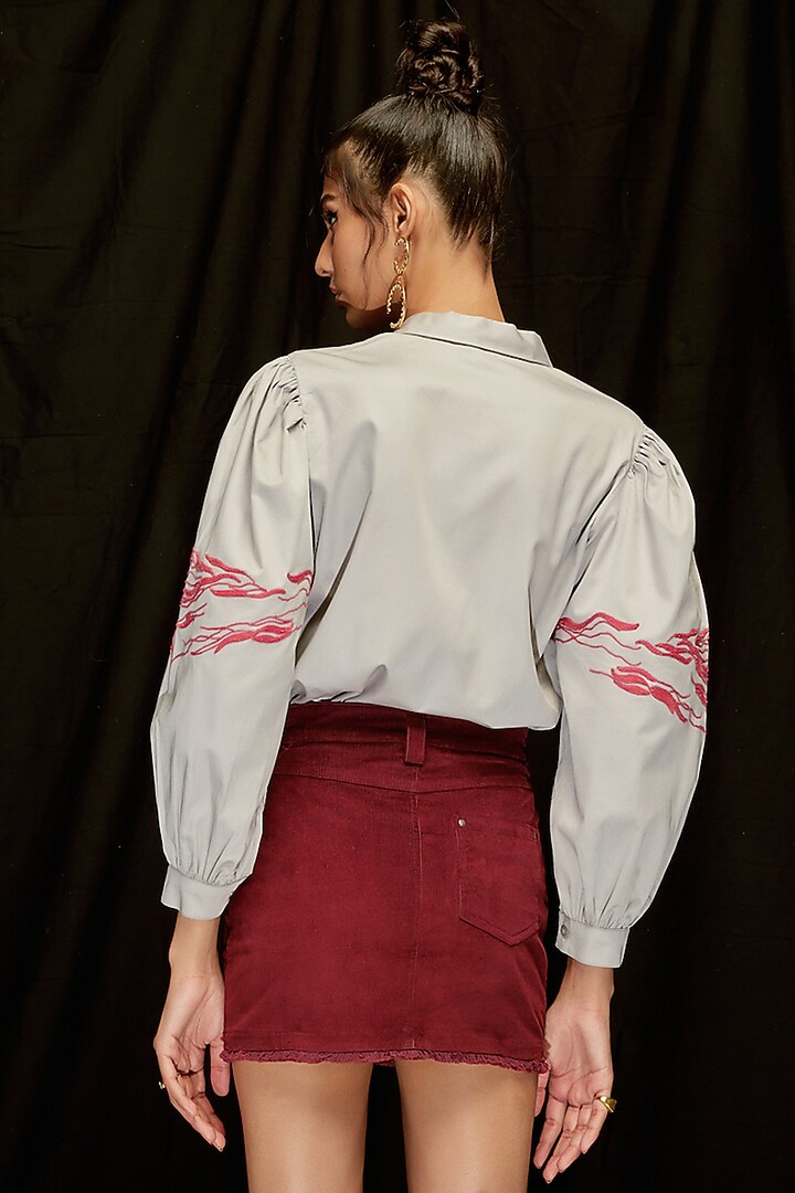 Steel Grey Cotton Satin Hand Embroidered Shirt by Pocketful Of Cherrie at Pernia's Pop Up Shop