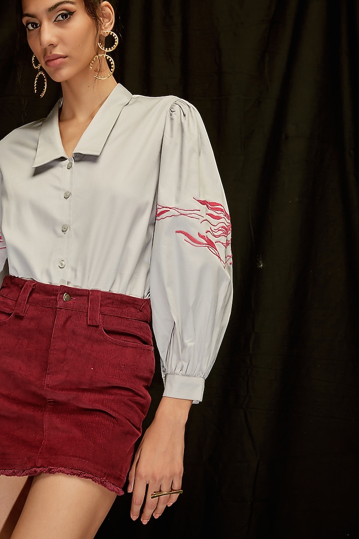 Steel Grey Cotton Satin Hand Embroidered Shirt by Pocketful Of Cherrie at Pernia's Pop Up Shop