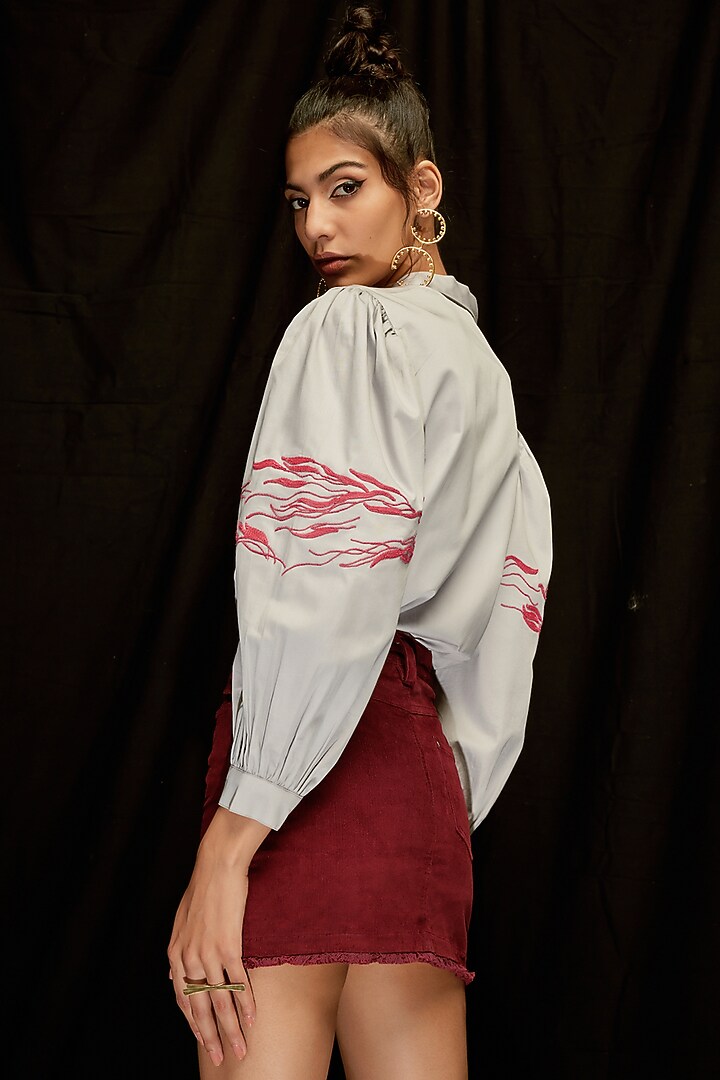 Steel Grey Cotton Satin Hand Embroidered Shirt by Pocketful Of Cherrie at Pernia's Pop Up Shop