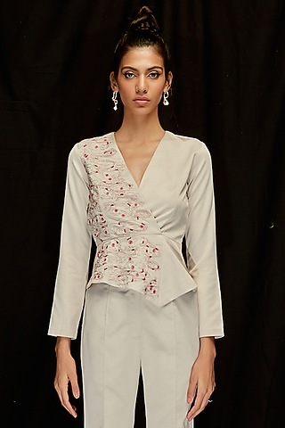 Cloud Grey Satin Silk Embroidered Peplum Top by Pocketful Of Cherrie