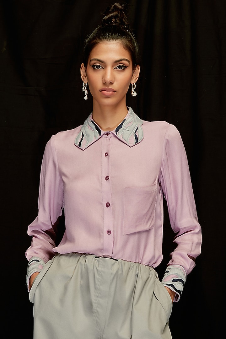 Mauve Viscose Hand Embroidered Shirt by Pocketful Of Cherrie