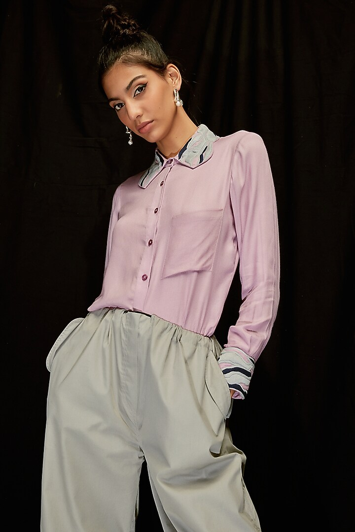 Mauve Viscose Hand Embroidered Shirt by Pocketful Of Cherrie at Pernia's Pop Up Shop