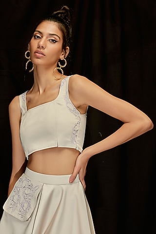 Fog Grey Satin Silk Hand Embroidered Crop Top by Pocketful Of Cherrie