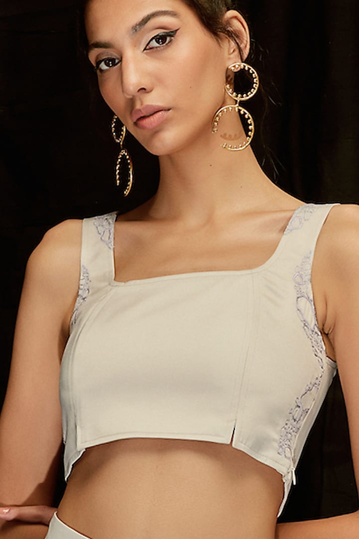 Fog Grey Satin Silk Hand Embroidered Crop Top by Pocketful Of Cherrie at Pernia's Pop Up Shop