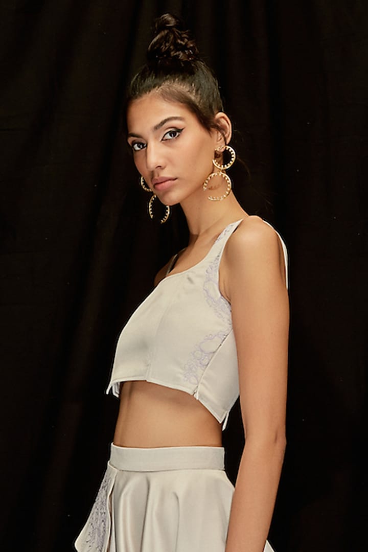 Fog Grey Satin Silk Hand Embroidered Crop Top by Pocketful Of Cherrie at Pernia's Pop Up Shop