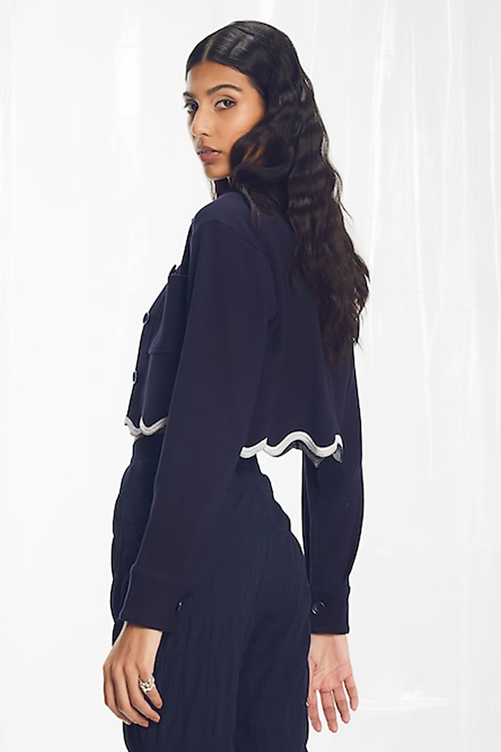 Dark Blue Stretchable Rib Hand Embroidered Jacket by Pocketful Of Cherrie at Pernia's Pop Up Shop