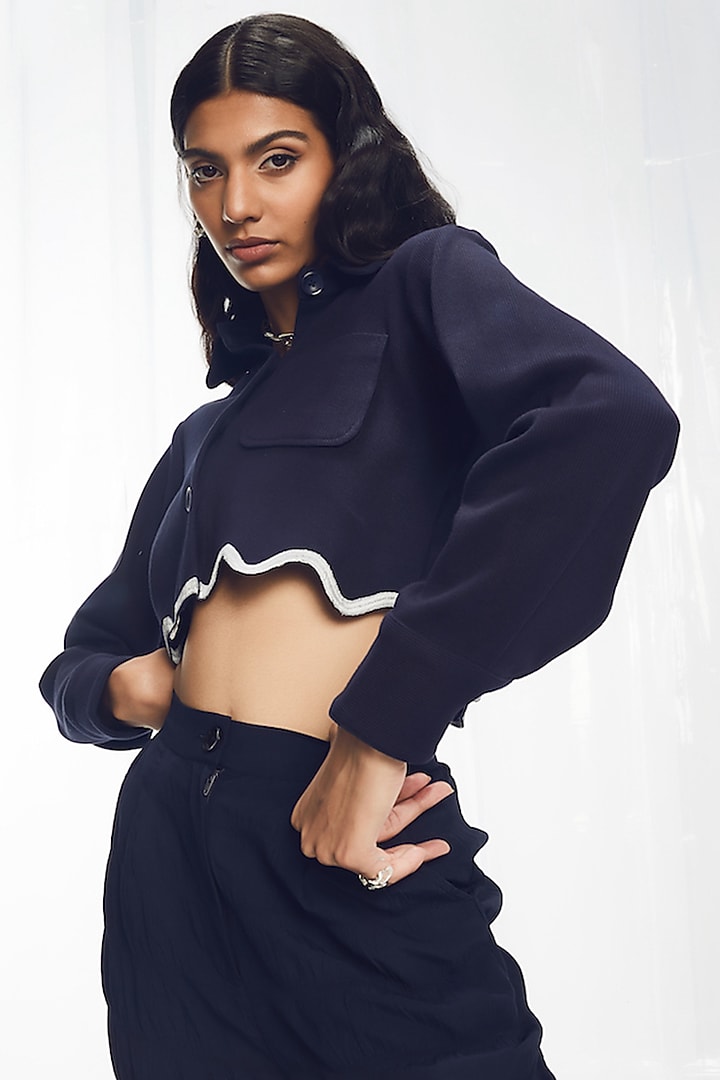 Dark Blue Stretchable Rib Hand Embroidered Jacket by Pocketful Of Cherrie at Pernia's Pop Up Shop