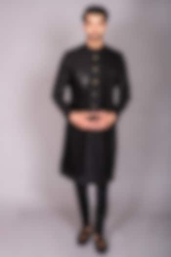 Black Blended Fabric Machine Embroidered Indo-Western Set by PKIN at Pernia's Pop Up Shop