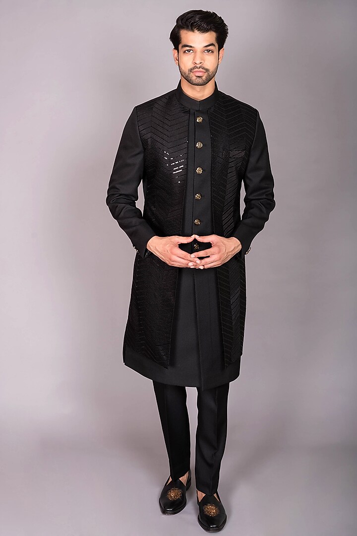 Black Blended Fabric Machine Embroidered Indo-Western Set by PKIN at Pernia's Pop Up Shop