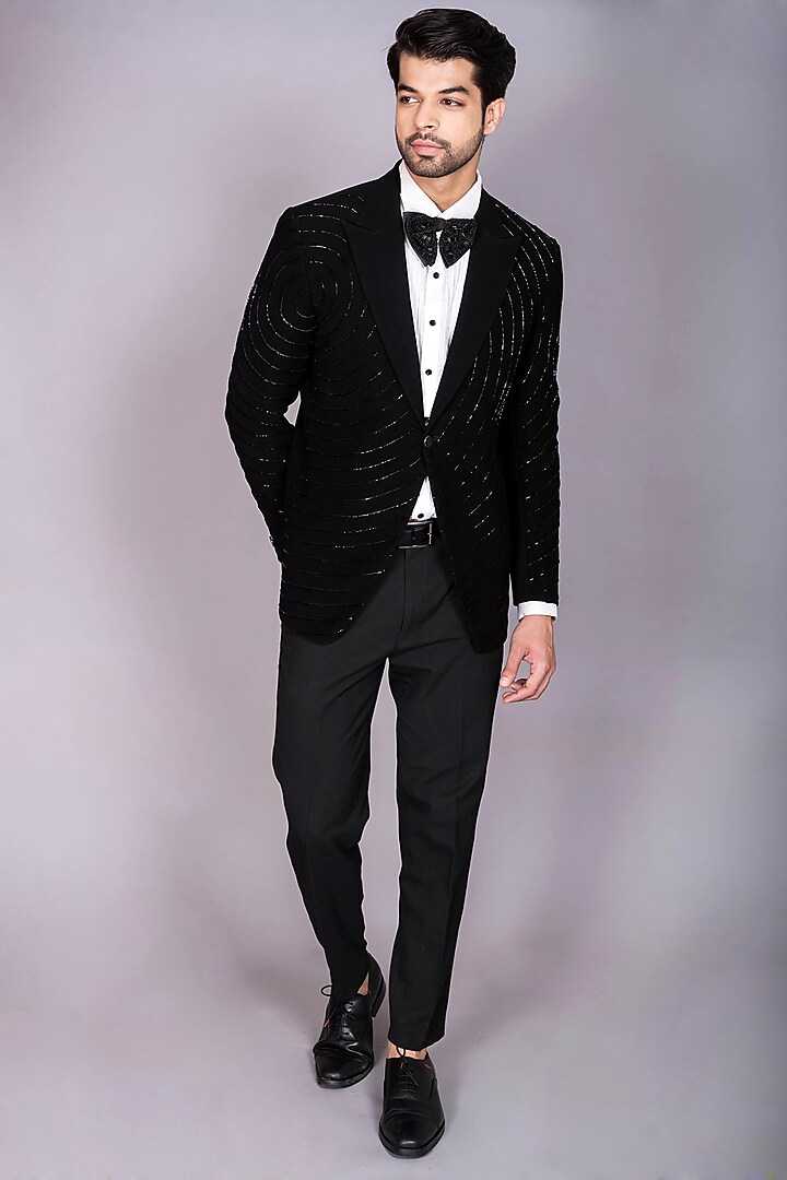 Jet Black Japanese Polynosic Cutdana Embroidered Tuxedo Set by PKIN at Pernia's Pop Up Shop