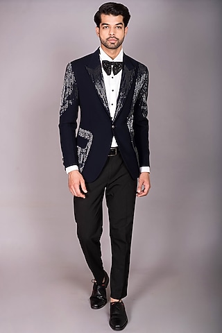Blue Japanese Polynosic Cutdana Embroidered Tuxedo Set by PKIN