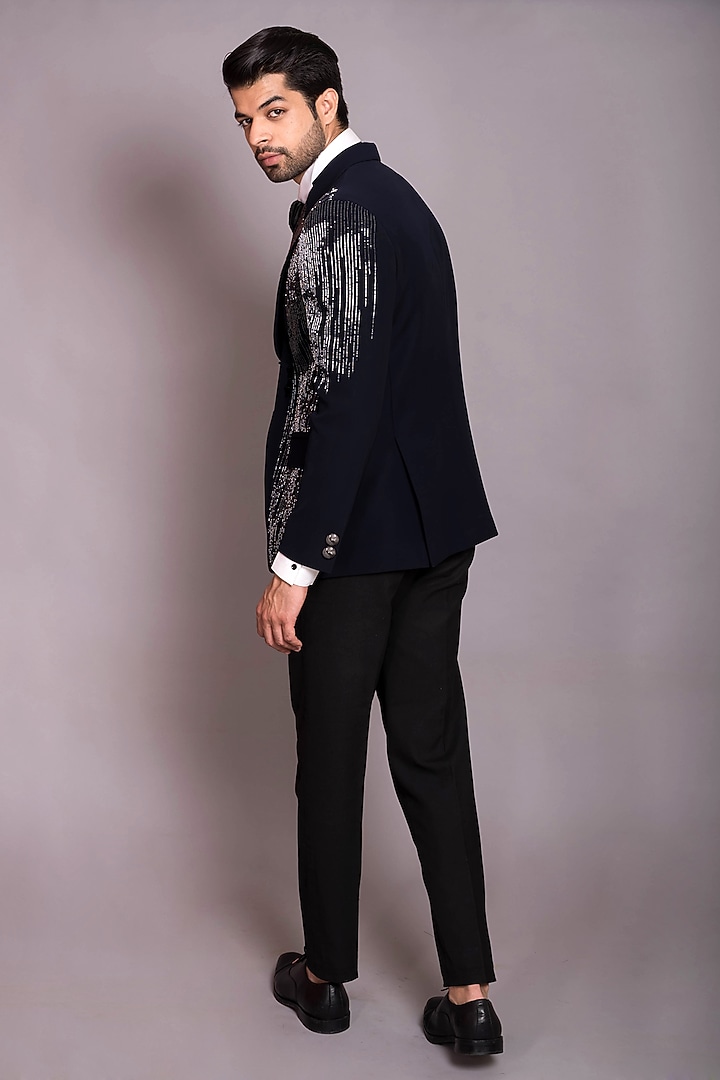 Blue Japanese Polynosic Cutdana Embroidered Tuxedo Set by PKIN at Pernia's Pop Up Shop