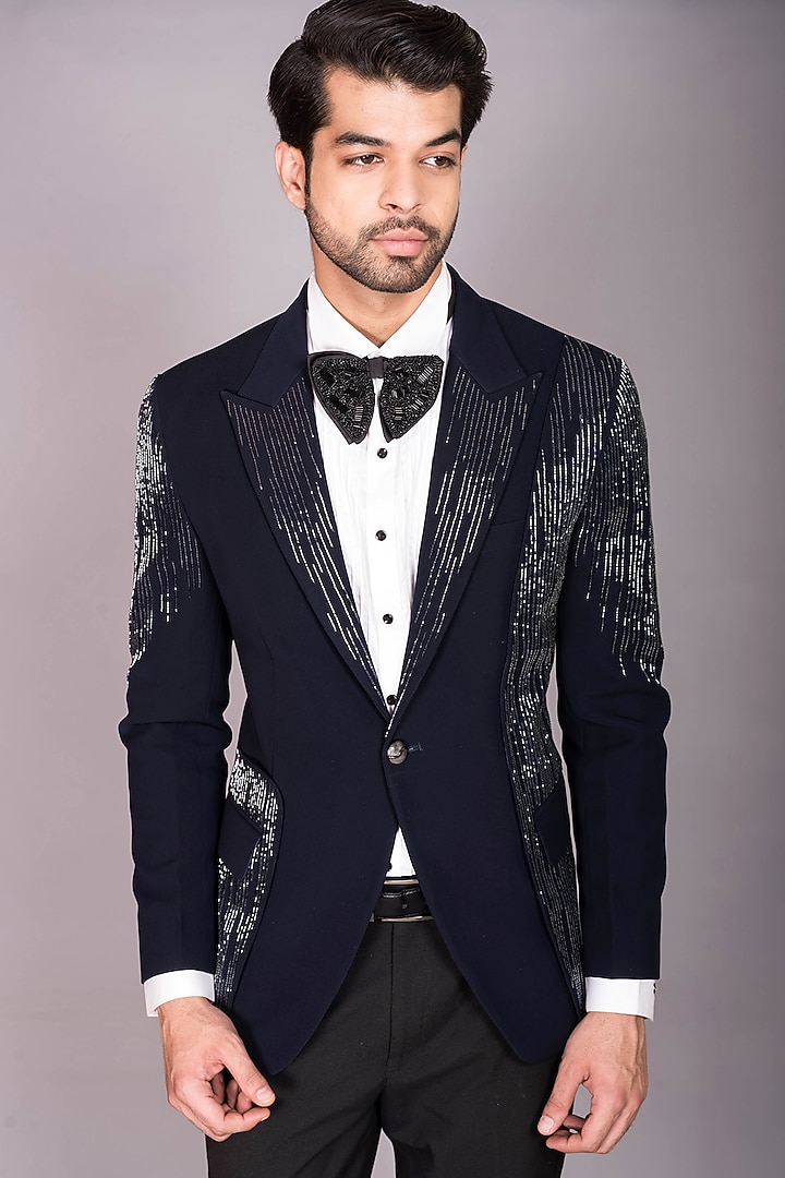 Blue Japanese Polynosic Cutdana Embroidered Tuxedo Set by PKIN at Pernia's Pop Up Shop