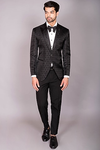 Black Jacquard Cutdana Embroidered Tuxedo Set by PKIN