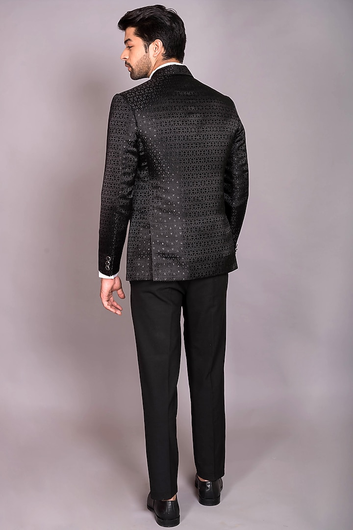 Black Jacquard Cutdana Embroidered Tuxedo Set by PKIN at Pernia's Pop Up Shop