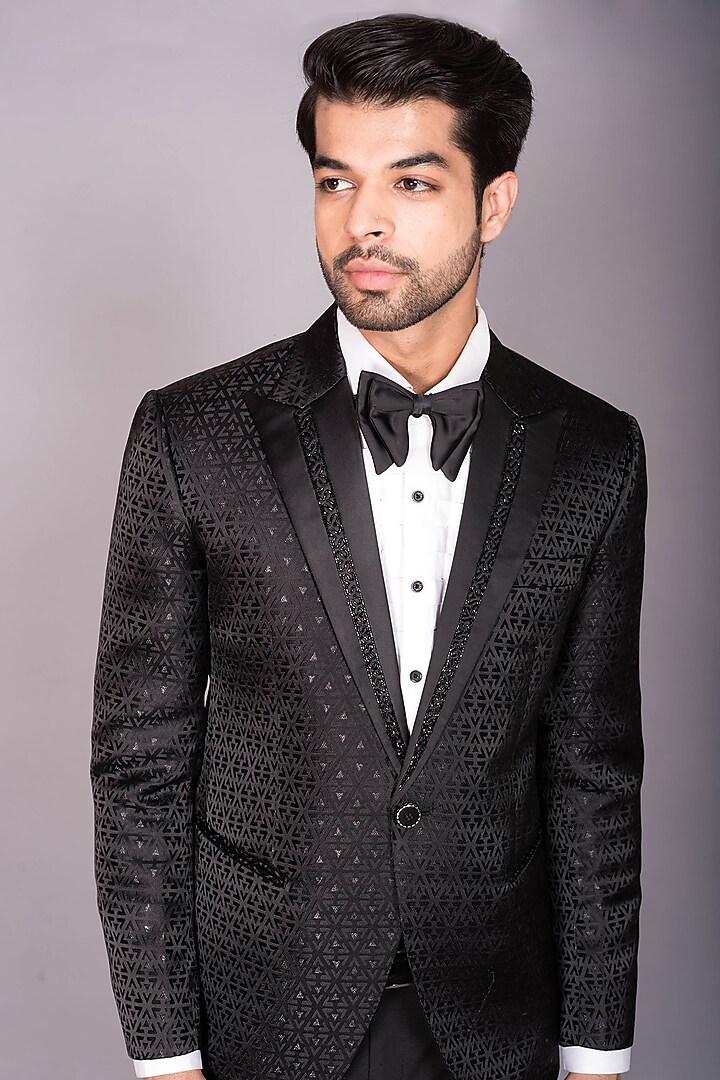 Black Jacquard Cutdana Embroidered Tuxedo Set by PKIN at Pernia's Pop Up Shop