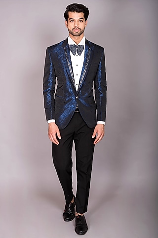 Black Jacquard Cutdana Embroidered Tuxedo Set by PKIN