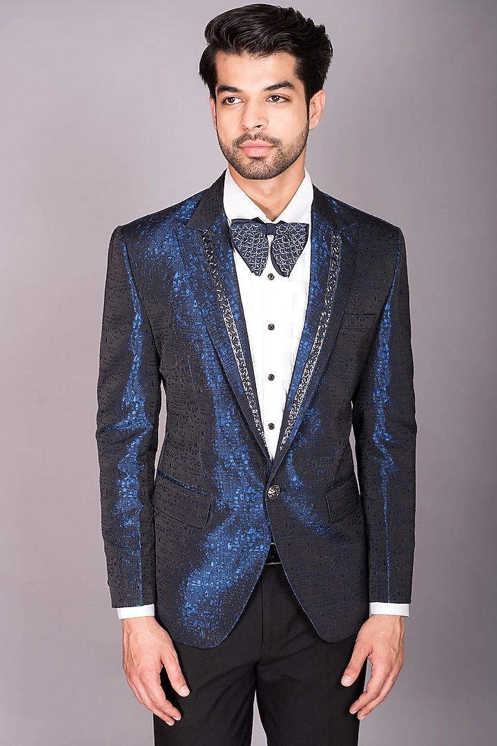Black Jacquard Cutdana Embroidered Tuxedo Set by PKIN at Pernia's Pop Up Shop
