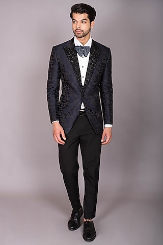 Blue & Black Jacquard Cutdana Embroidered Tuxedo Set by PKIN