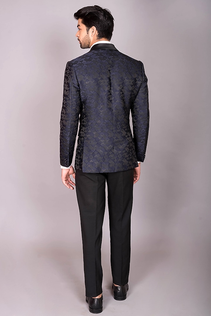 Blue & Black Jacquard Cutdana Embroidered Tuxedo Set by PKIN at Pernia's Pop Up Shop