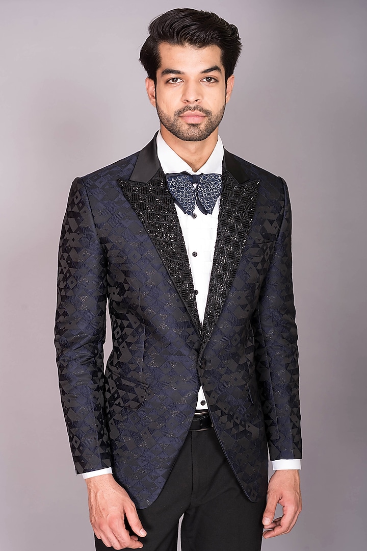 Blue & Black Jacquard Cutdana Embroidered Tuxedo Set by PKIN at Pernia's Pop Up Shop