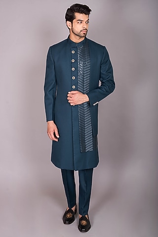 Teal Blue Blended Fabric Machine Embroidered Indo-Western Set by PKIN
