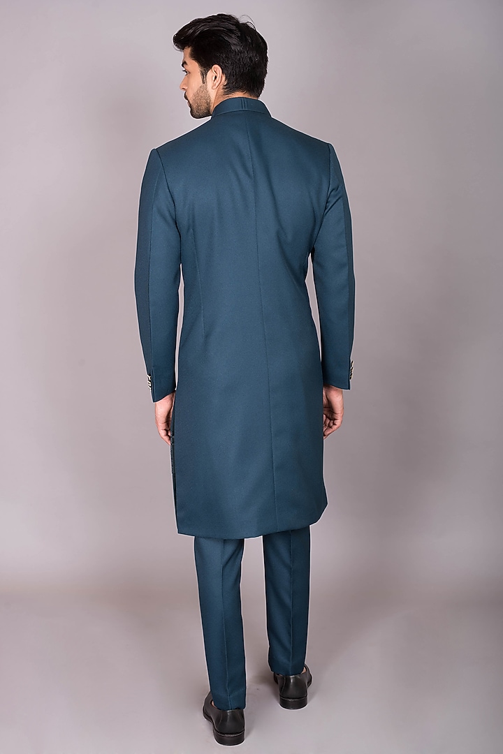 Teal Blue Blended Fabric Machine Embroidered Indo-Western Set by PKIN at Pernia's Pop Up Shop