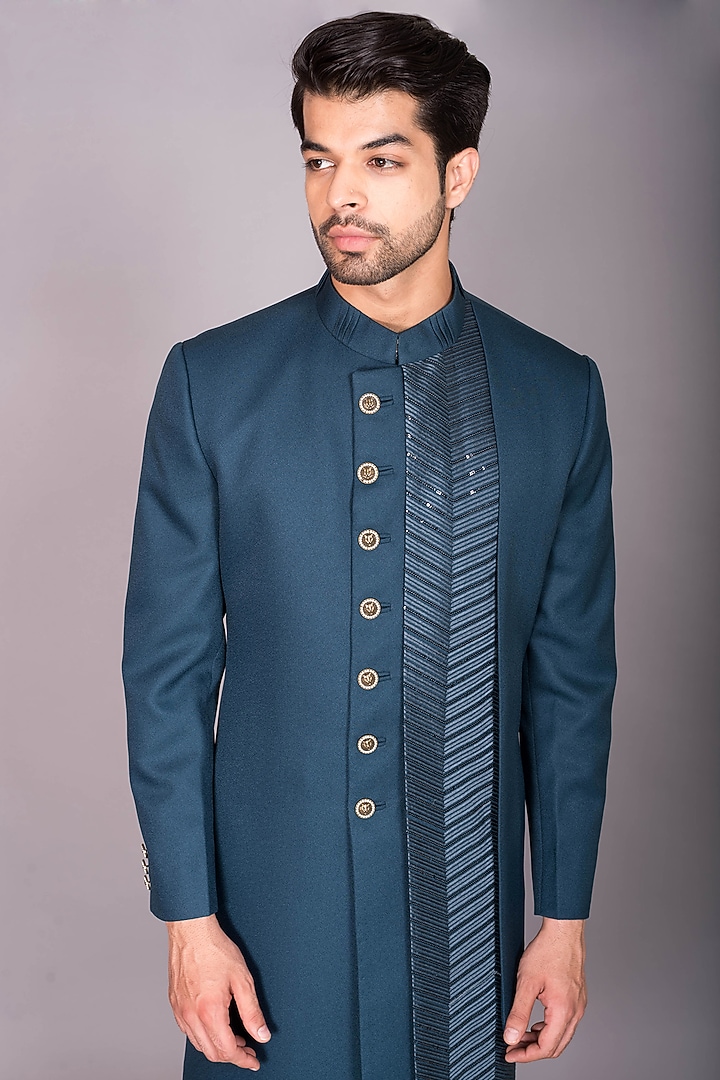 Teal Blue Blended Fabric Machine Embroidered Indo-Western Set by PKIN at Pernia's Pop Up Shop