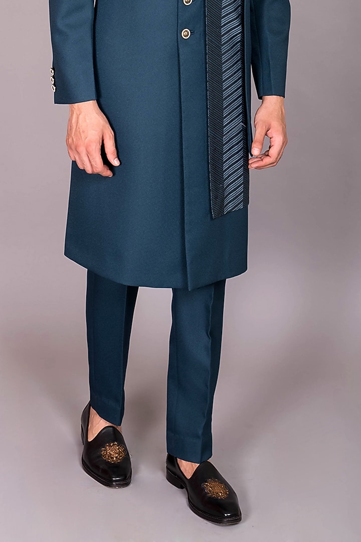 Teal Blue Blended Fabric Machine Embroidered Indo-Western Set by PKIN at Pernia's Pop Up Shop