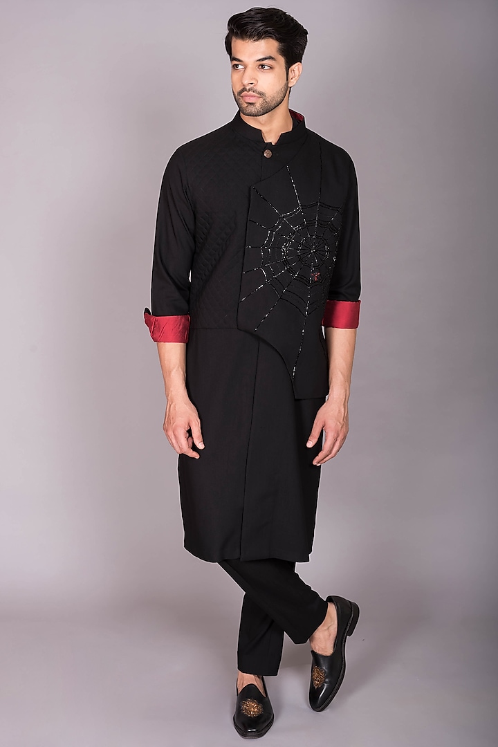 Black Japanese Polynosic Quilted & Hand Embroidered Kurta Set by PKIN