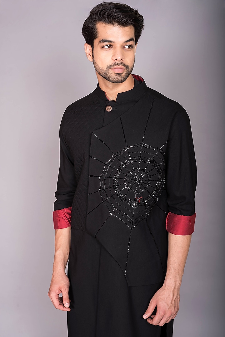 Black Japanese Polynosic Quilted & Hand Embroidered Kurta Set by PKIN at Pernia's Pop Up Shop