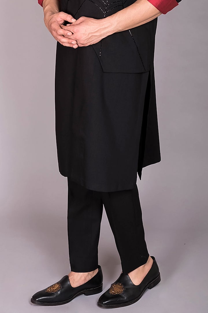 Black Japanese Polynosic Quilted & Hand Embroidered Kurta Set by PKIN at Pernia's Pop Up Shop