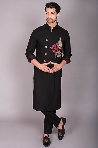 Black Japanese Polynosic Quilted & Hand Embroidered Kurta Set by PKIN