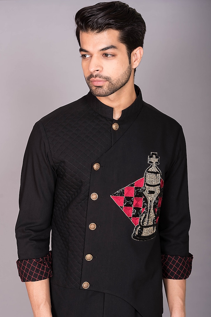 Black Japanese Polynosic Quilted & Hand Embroidered Kurta Set by PKIN at Pernia's Pop Up Shop