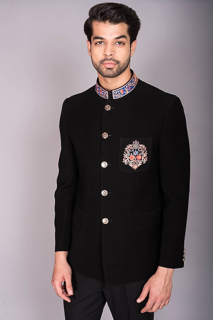 Black Japanese Polynosic Thread Embroidered Wedding Bandhgala Set by PKIN at Pernia's Pop Up Shop