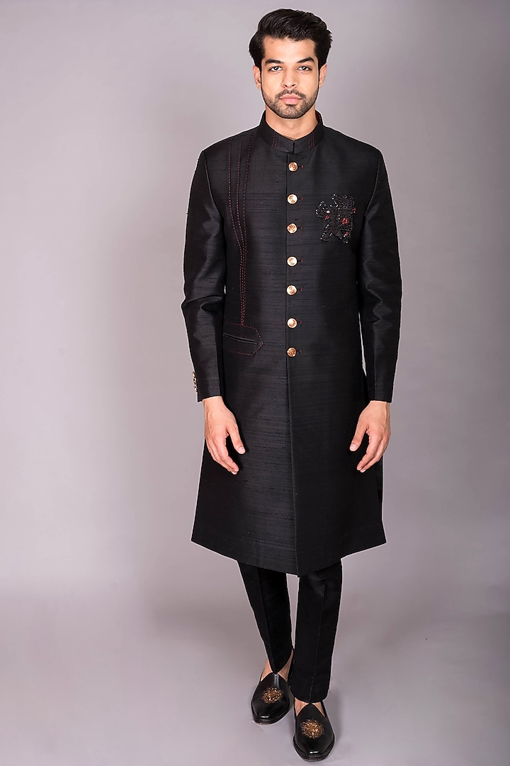 Black Raw Silk Thread Embroidered Indo-Western Set by PKIN
