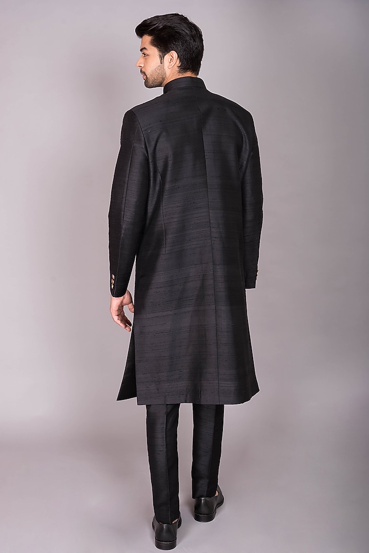 Black Raw Silk Thread Embroidered Indo-Western Set by PKIN at Pernia's Pop Up Shop