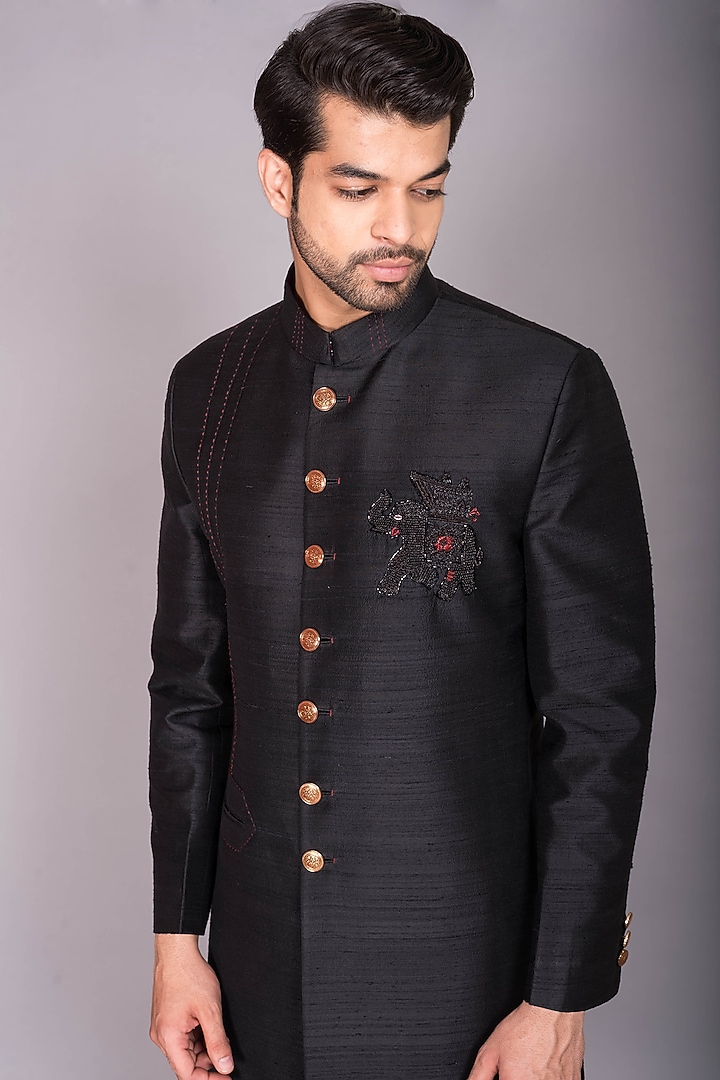 Black Raw Silk Thread Embroidered Indo-Western Set by PKIN at Pernia's Pop Up Shop