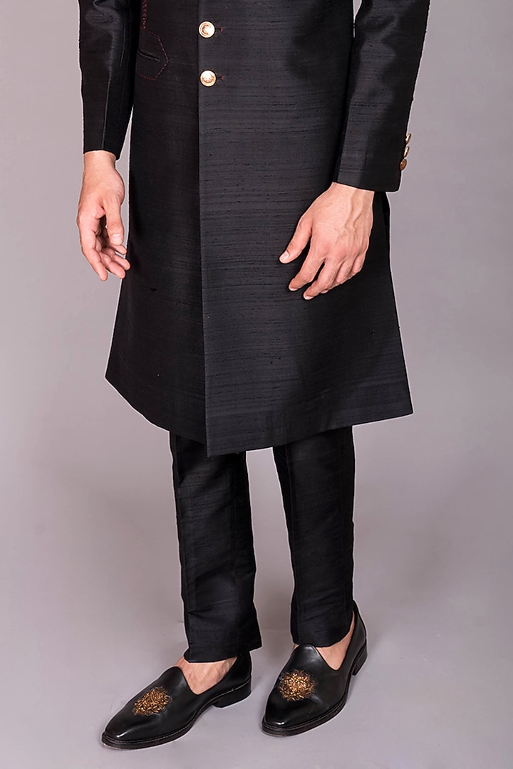 Black Raw Silk Thread Embroidered Indo-Western Set by PKIN at Pernia's Pop Up Shop