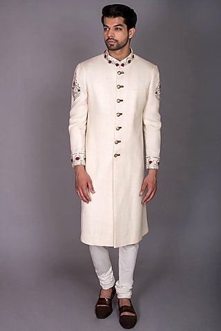 Ivory Silk Gota-Patti Embroidered Sherwani Set by PKIN
