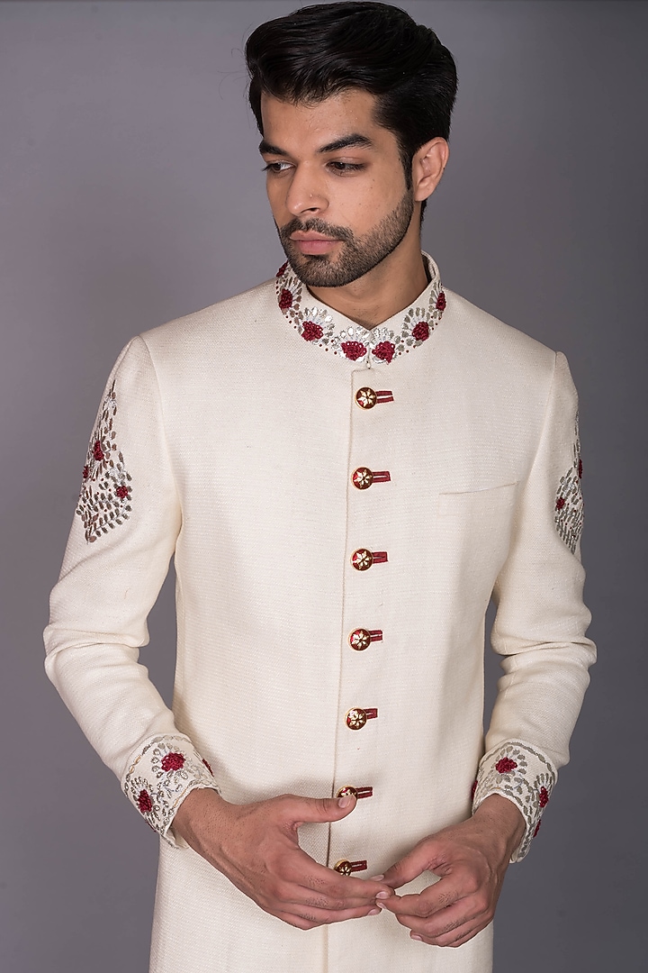 Ivory Silk Gota-Patti Embroidered Groom Sherwani Set by PKIN at Pernia's Pop Up Shop