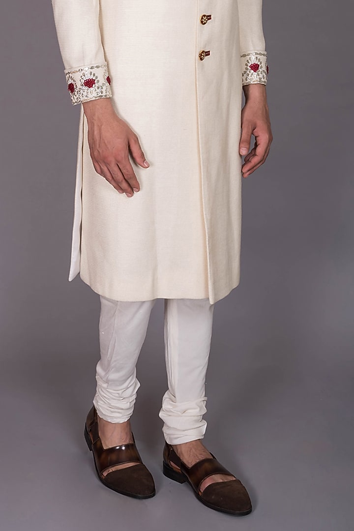 Ivory Silk Gota-Patti Embroidered Groom Sherwani Set by PKIN at Pernia's Pop Up Shop