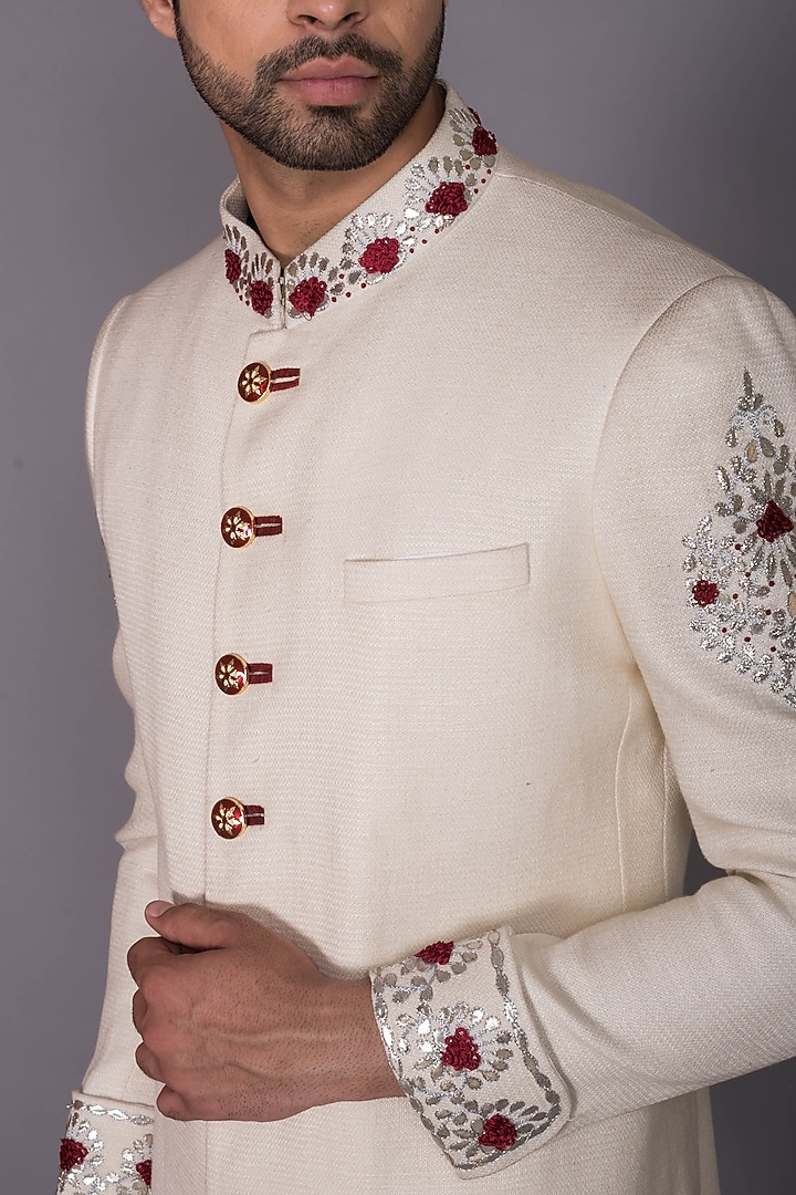 Ivory Silk Gota-Patti Embroidered Groom Sherwani Set by PKIN at Pernia's Pop Up Shop