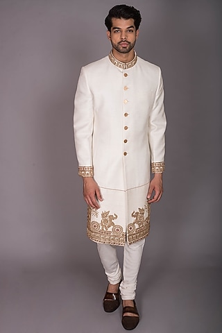 Ivory Silk Zardosi Hand Embroidered Sherwani Set by PKIN