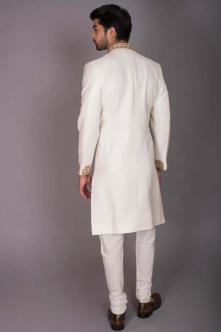 Ivory Silk Zardosi Hand Embroidered Groom Sherwani Set by PKIN at Pernia's Pop Up Shop