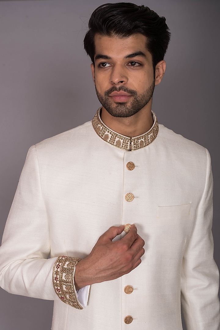 Ivory Silk Zardosi Hand Embroidered Groom Sherwani Set by PKIN at Pernia's Pop Up Shop