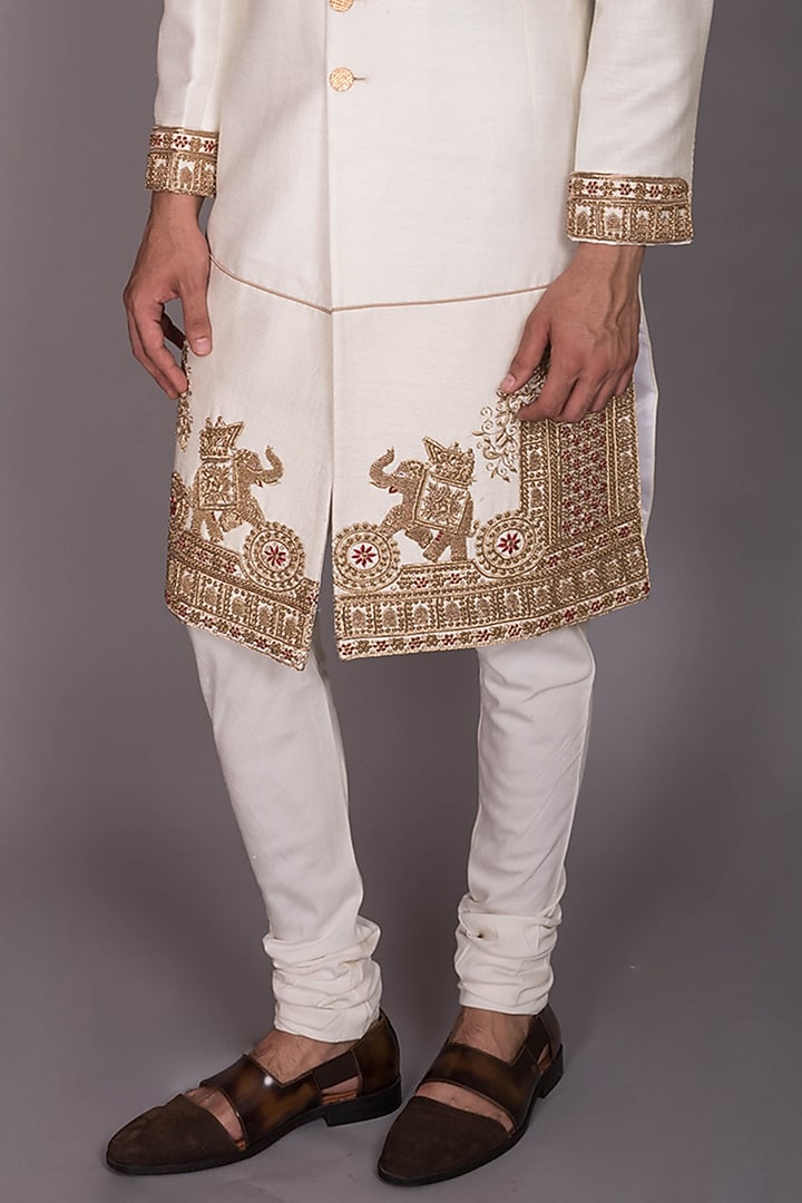 Ivory Silk Zardosi Hand Embroidered Groom Sherwani Set by PKIN at Pernia's Pop Up Shop