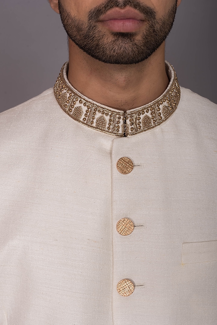 Ivory Silk Zardosi Hand Embroidered Groom Sherwani Set by PKIN at Pernia's Pop Up Shop