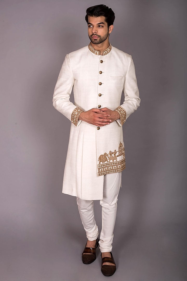 Ivory Silk Zardosi Embroidered & Pleated Indo-Western Set by PKIN