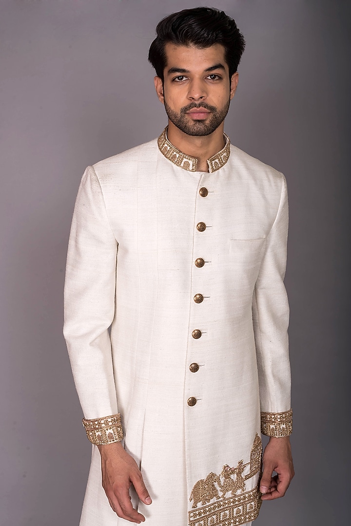 Ivory Silk Zardosi Embroidered & Pleated Indo-Western Set by PKIN at Pernia's Pop Up Shop